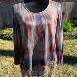 ONE WORLD crochet trim tie dye print long sleeved top boho autumn striped